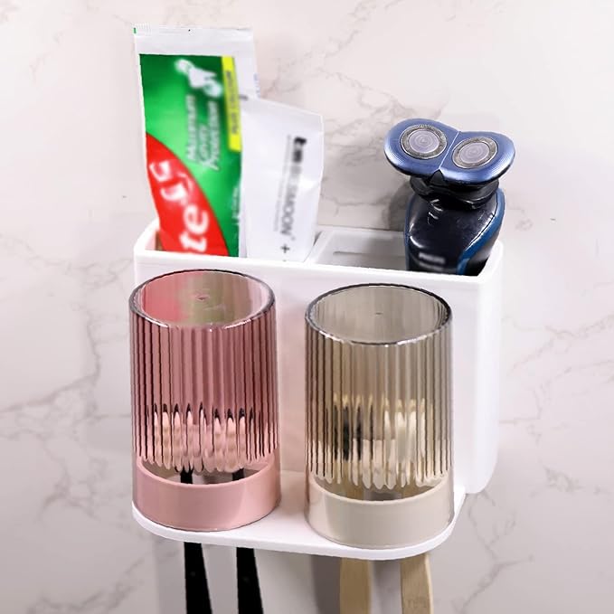 So Nice Toothbrush Holders for bathrooms Accessories Wall Mounted,Electric Shower Toothbrush Holder White Plastic toothbrushes Holder Set for Kids with 2 Cups