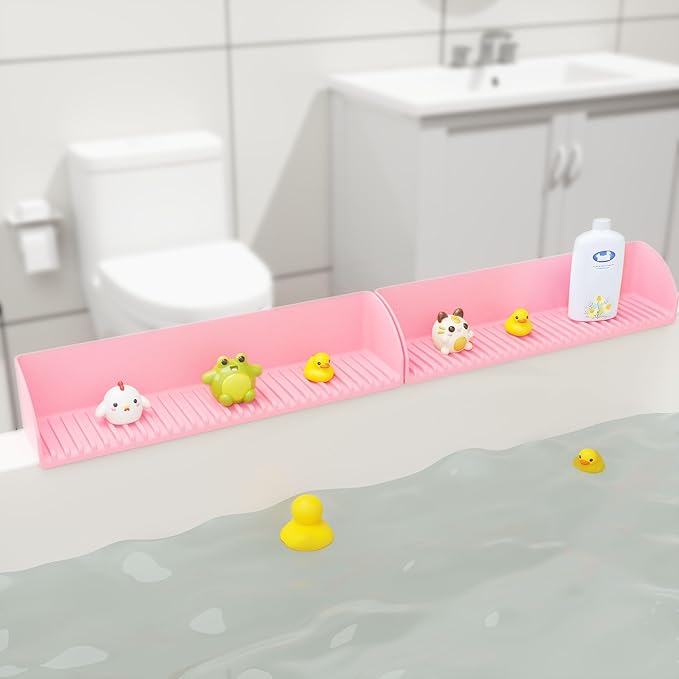 Tub Splash Guard for Kids - Silicone Tub Water Splash Guard with 4 Suction Cups for Kitchen Sink, Bath Toy Tray Holder, Tub Shelf for Kids, Bathroom Accessories for Children & Toddler, 1Pack, Pink