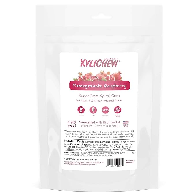 Xylichew 100% Xylitol Chewing Gum - Non GMO, Non Aspartame, Gluten Free, and Sugar Free Gum - Natural Oral Care, Relieves Bad Breath and Dry Mouth - Pomegranate Raspberry, 500 Count