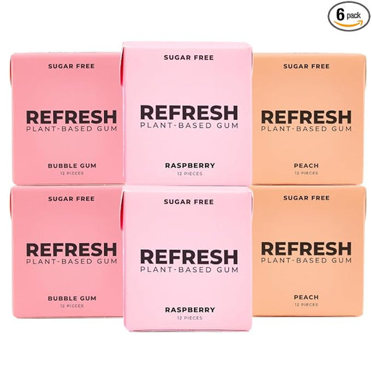 Refresh Gum, Xylitol, Natural, Sugar Free, Chewing Gum, Plastic Free, Natural Flavors & Organic Ingredients, Non GMO, Gluten Free, Vegan, 12 Count (Pack of 6), Fruit Variety Pack