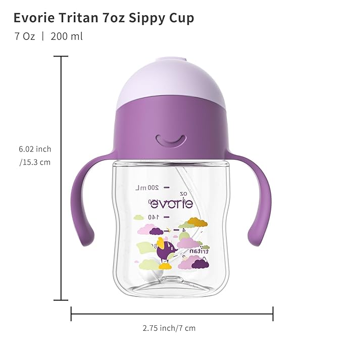 Evorie Tritan Weighted Straw Sippy Cup with Handles for Baby and Toddlers, Spill Proof Baby Water Bottle with Straw for 6 months and up, 7 Oz, Infant Training Water Bottle (Daydream)