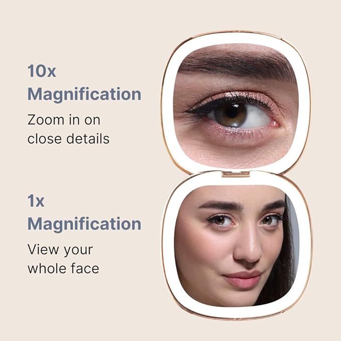 Fancii Mila 2 LED Lighted Compact Makeup Mirror, Rechargeable, 10x /1x Magnifying, Tru-Glow Light System, Vegan Leather, Small Travel Mirror for Purses (Harbor Blue)