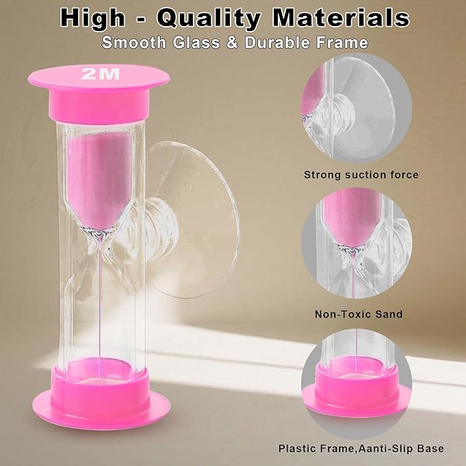 2 Minute Sand Timer with Sauction Cup, Small Blue and Pink Acrylic Hourglass Sand Clock Set, Plastic Glass Mini Sandglass for Classroom Games Kitchen (Pack of 2)