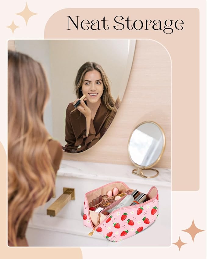 Bistup Makeup Bag Travel Cosmetic Bag Toiletry Make Up Bags Cute Women Large Capacity Big Medium Leather Strawberry Portable Teen Girls Teenage Kawaii Foldable Expandable Compact Open Flat Zip