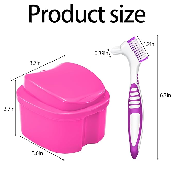 2 Pack Colors Denture Bath Case Cup Retainer Cleaner Holder Case False Teeth Soaking Container Dental Bath Storage Box Case with Strainer Basket and Brush - Rose Red & Black