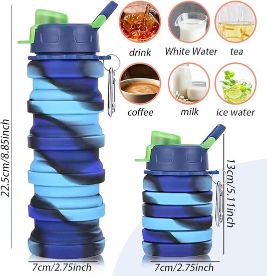 Silicone Collapsible Water Bottles, 16oz 500ml Portable Foldable Expandable Water Bottle Sports Cups, Leak Proof Reusable BPA Free, for Outdoor Activities Travel (2# Blue)