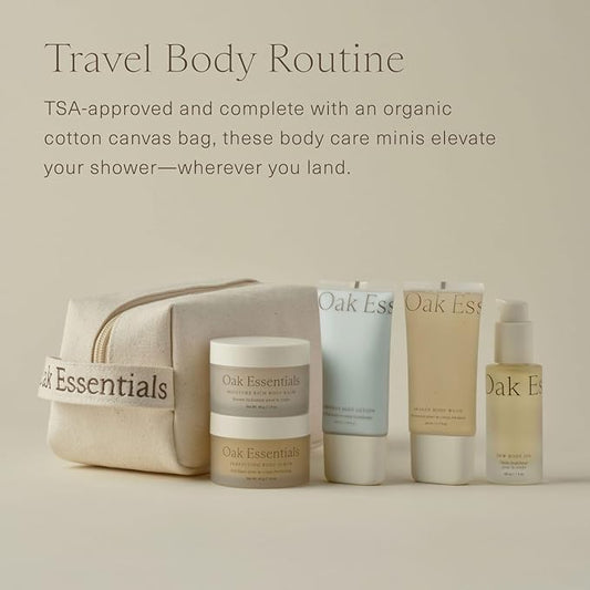 Oak Essentials Travel Body Routine | TSA-Friendly Mini Body Care Set with Wash, Scrub, Lotion, Oil, & Balm + Linen Travel Bag