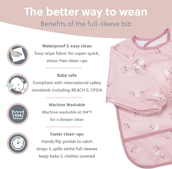 BIBaDO Mess Proof Baby Bib, 2 Pack Long Sleeve Bib, 6 month - 3 Years, Waterproof Bibs for Toddlers, Machine Washable