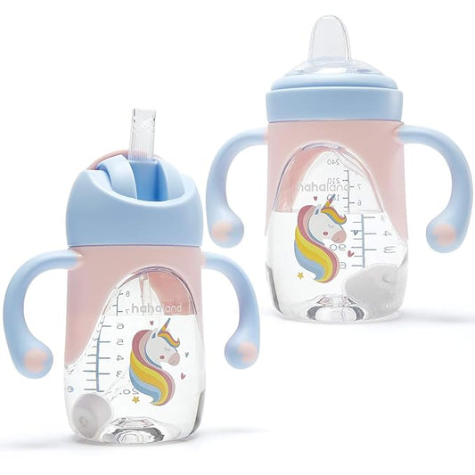 hahaland Sippy Cups for Baby 6-12 Months - 2 in 1 Spout & Straw Unicorns Sippy Cups for Toddlers 1-3 No Spill Transition Weighted Straw Cup (1 Cup with 2 Nipples) Baby First Christmas Gifts