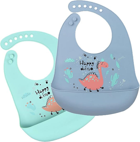 Silicone Bibs for Babies and Toddlers 2 Sets Feeding Bibs for Boy and Girl, Adjustable Soft Waterproof Bibs