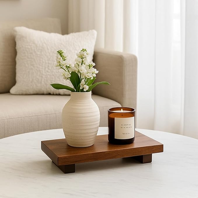 Acacia Wood Riser Pedestal Stand Farmhouse Small Bathroom Vanity Tray Rustic Wooden Hand Soap Dish Dispenser Holder for Kitchen Sink Counter Decorative Tray Modern Bathroom Decor Organizer Accessories