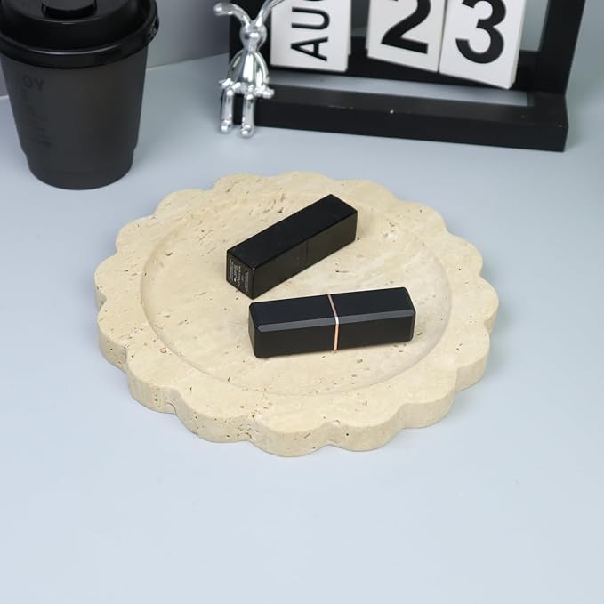 Round Marble Decorative Tray with Scalloped Edge, Luxury Natural Stone Bathroom Vanity Tray, Dresser Top Perfume Coffee Home Kitchen Sink Tray, Key Trinket Ring