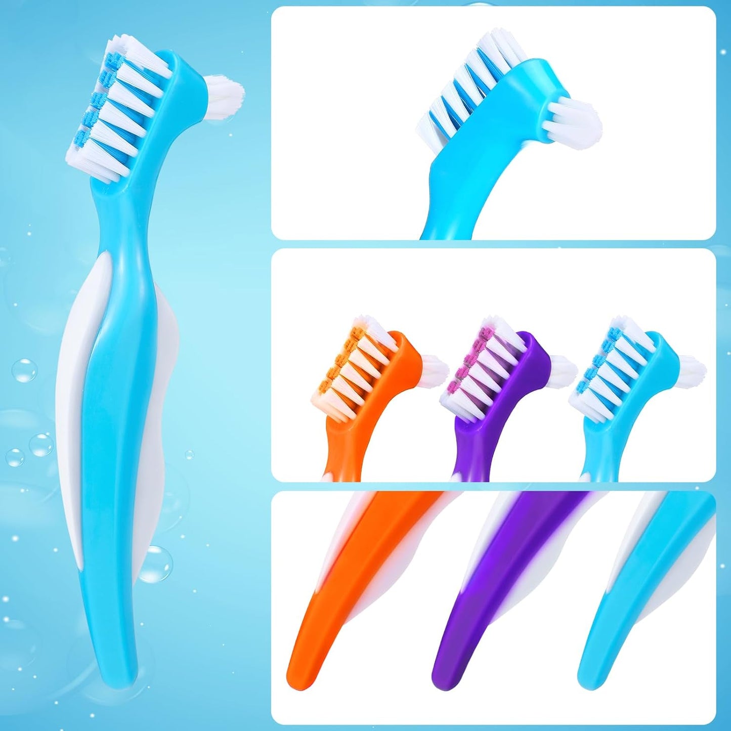 6 Pack Denture Cleaning Brush Dual Head Portable Denture Toothbrush Hard Double Sided Multi-Layered Bristles False Teeth Toothbrush for Care Clean Clear Brace Mouth Guard(Blue Orange Purple,Angled)