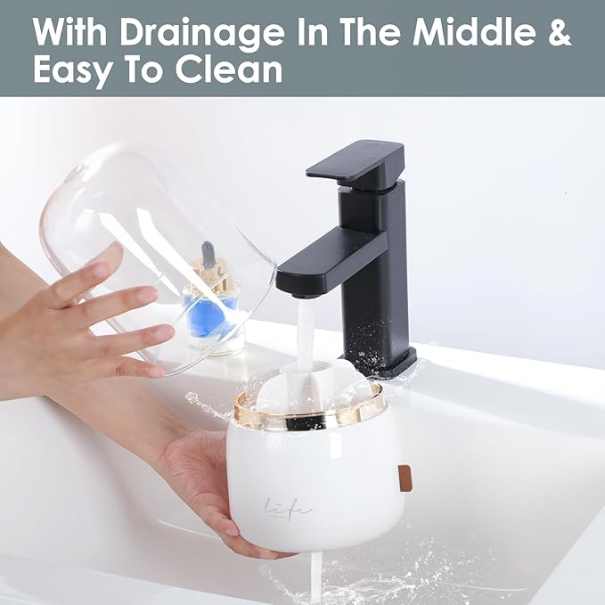 EXIN DECHEN Toothbrush Holders with Cover for Bathrooms, 360° Rotating 7-Slot Draining Water for Placing Kids Electric Toothbrushes,Toothpaste,Razors,Bathroom Counter Dresser Vanity Organizer(White)