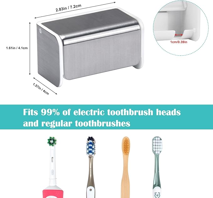 Toothbrush Holders Wall Mounted with Cover, Electric Tooth Brushing Holder for Bathroom, 2 Slots Self Adhesive Toothbrush Organizer, Toothbrush Stand for Family, Kids (1, Brushed Silver)