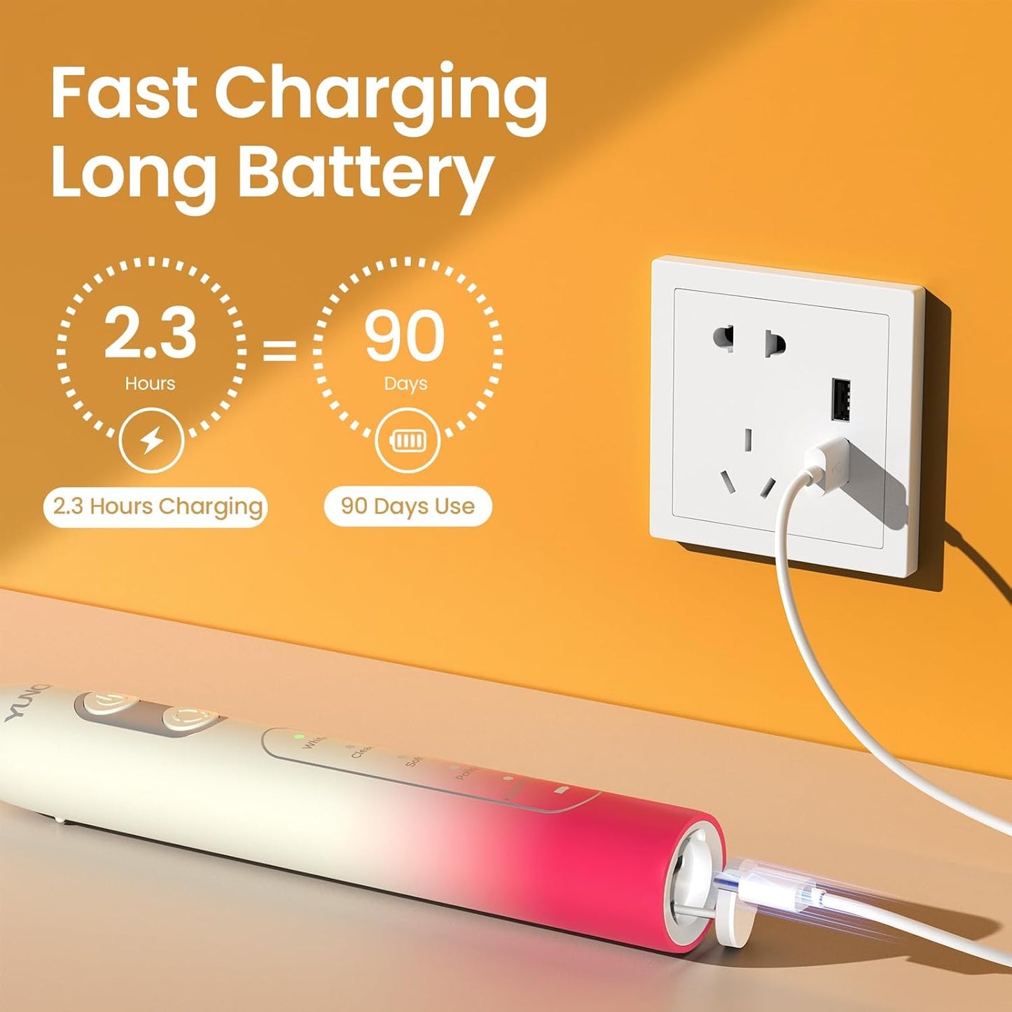 YUNCHI Electric Toothbrush for Adults and Kids, Rechargeable Battery Toothbrushes, 8 Brush Heads, 90 Days, 1 Travel Case, 2 Min Timer, IPX7 Waterproof, 5 Modes, Red Yellow Gradient