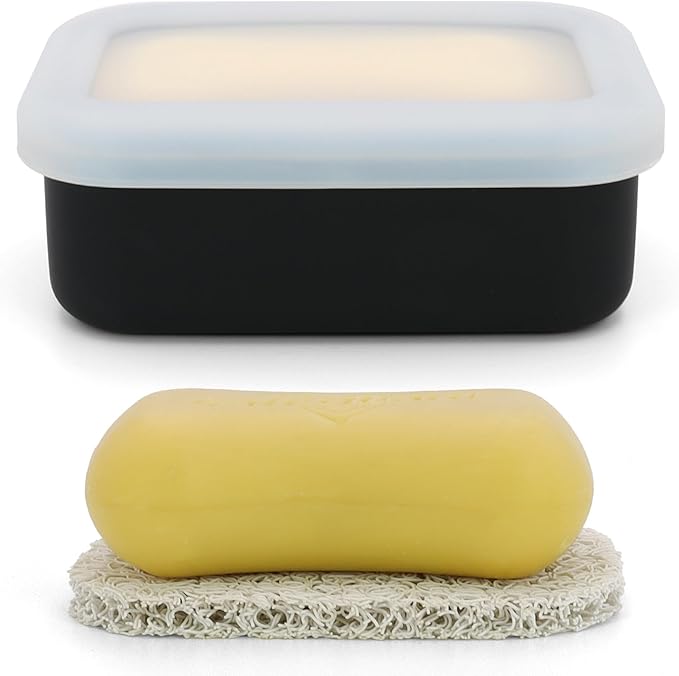 Enhanced Leak Proof Soap Box, Compact Silicone Soap Dish with Drainage Pad, Shampoo Bar Case for Travel, Camping, Gym and Dormitory (Black)