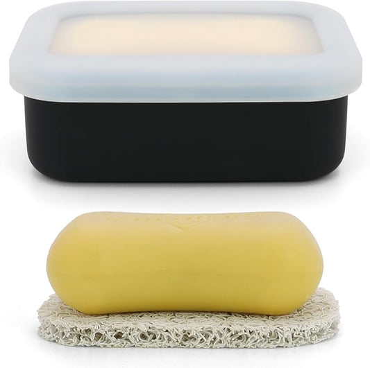 Enhanced Leak Proof Soap Box, Compact Silicone Soap Dish with Drainage Pad, Shampoo Bar Case for Travel, Camping, Gym and Dormitory (Black)
