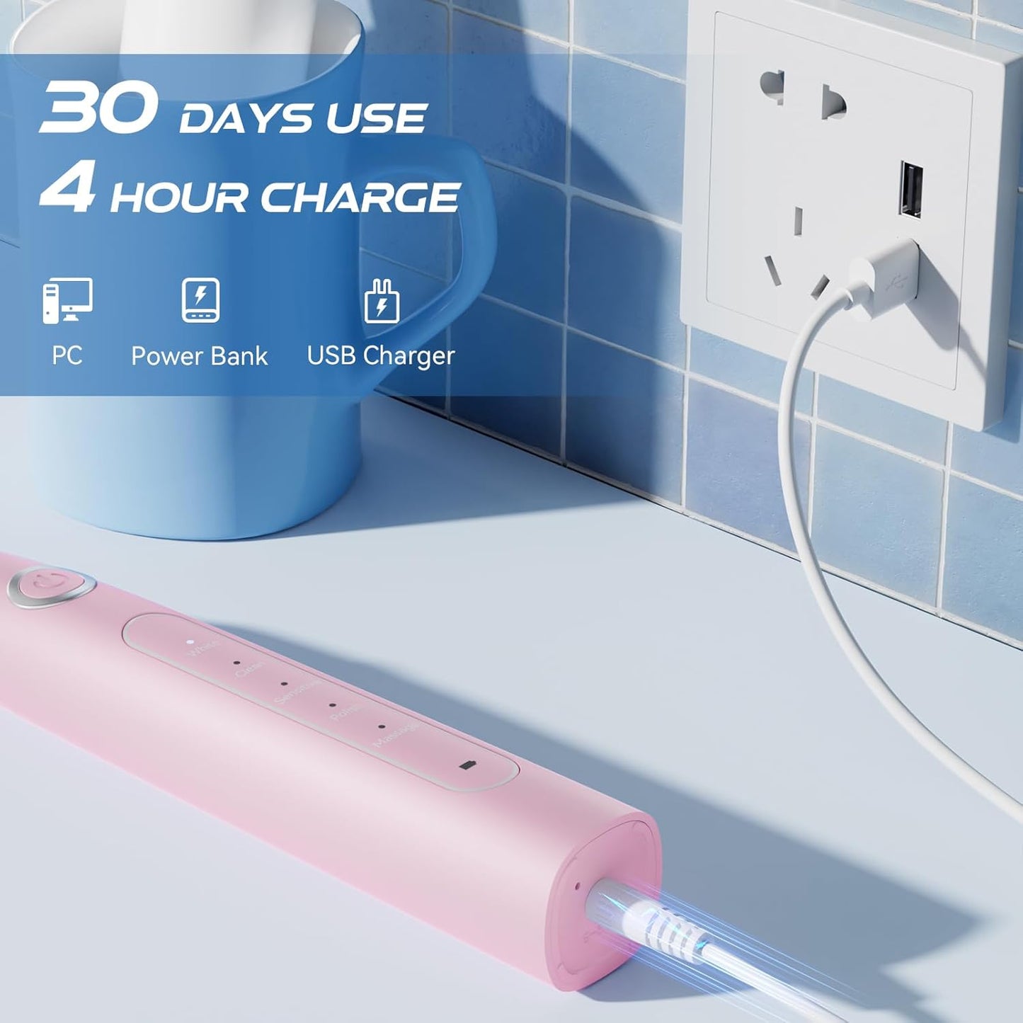 YUNCHI Electric Toothbrush Pink, Battery Toothbrush for Adults, Rechargeable Toothbrushs-8 Brush Heads, 5 Modes & 2 Min Smart Timer, IPX7 Waterproof,30 Days Battery Long,Travel Case