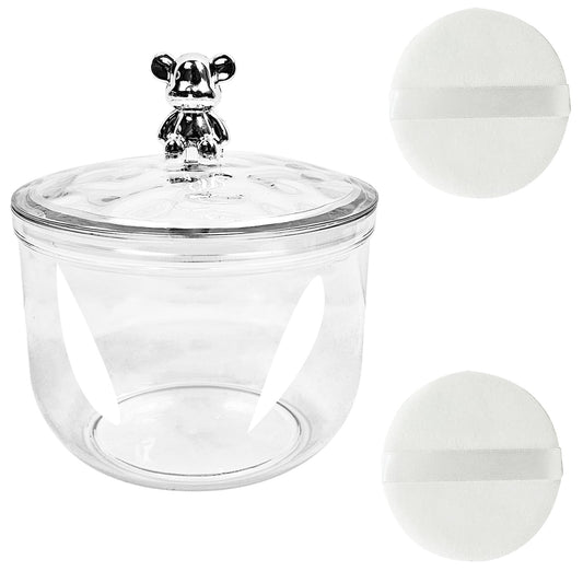 3 Pcs Body Face Plastic Powder Puff and Container Dish with Fluffy Soft Large Powder Puff for Women(Bear Shape)