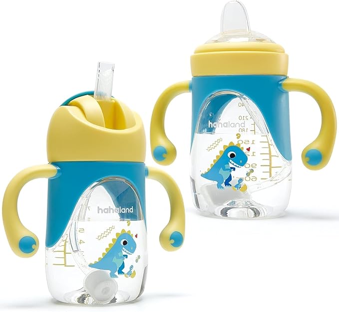 hahaland Sippy Cup for 6+ Month Old - 2 in 1 Spout & Straw Sippy Cups for Toddlers 1-3 No Spill Transition Weighted Straw Toddler Cups - 1 Cup with 2 Nipples