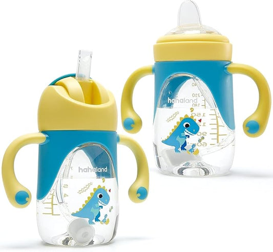 hahaland Sippy Cup for 6+ Month Old - 2 in 1 Spout & Straw Sippy Cups for Toddlers 1-3 No Spill Transition Weighted Straw Toddler Cups - 1 Cup with 2 Nipples