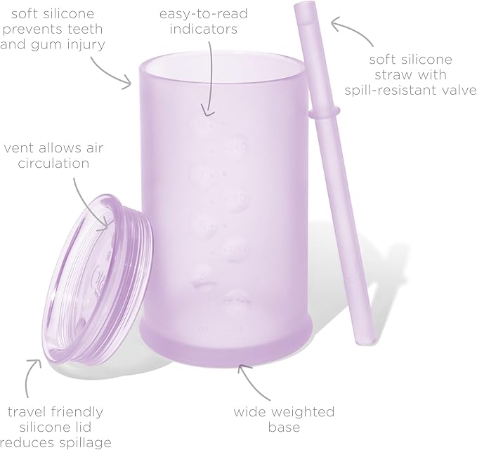 Olababy Clear View Silicone Training Cup with Straw Lid | Toddler Sippy Trainer 12mo+ | Unbreakable Water Drinking Cups for Kids 2yr+ | Baby Led Weaning & Feeding Supplies (Lilac, 9 oz)