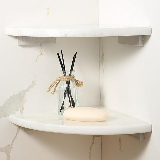 Koville Namibia White Marble Corner Shower Shelf for Bathroom, 10'' Polished Marble Corner Shelves, Wall Mounted Stone Corner Shower Caddy, No Drilling Adhesive Shelf - 1 Layer(No Glue Included)