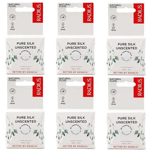 RADIUS Dental Floss, Natural Floss, Unscented Silk, 33 Yards, Compostable & Non-Toxic Oral Care Designed to Help Fight Plaque, Pack of 6