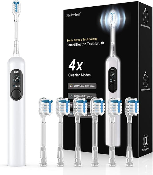 Sonic Electric Toothbrush for Adults with 6 Replacement Brush Heads and 4 Cleaning Modes, Rechargeable Toothbrush, Smart Timer, LCD Display, 4-Hour Fast Charge, IPX7 Waterproof, Travel-Friendly White
