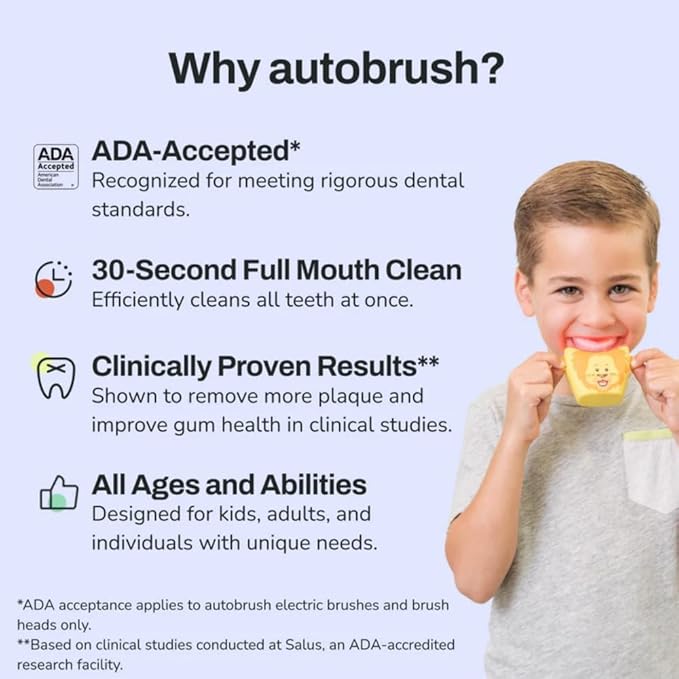 autobrush Kids Electric Toothbrush – Only ADA Accepted U-Shaped Toothbrush, Clinically Proven Up to 5.1X Better Cleaning, 30 Seconds, Full-Mouth 360 Coverage, LED Lights, Music, Ages 3-5, Hippo