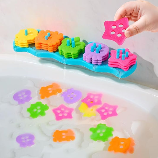 Baby Bath Toys for Kids Ages 1-3, Educational Toddler Bath Toys Mold Free Shape Sorter & Stacking with 20 Soft Rubber Floating Pieces, Sensory Bathtub Toys with Mesh Bag for Girls Boys