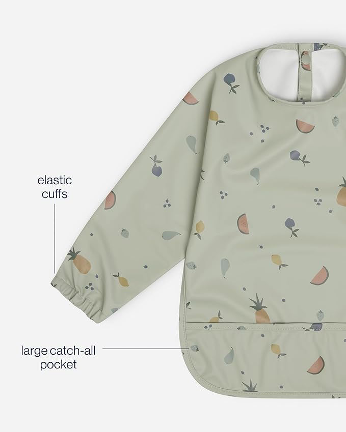 Lalo Smock Bib - Long Sleeve Bib for Infants and Toddlers - Elastic Cuffs, Large Catch-All Pocket, Waterproof Recycled Polyester - Easy to Clean for Mealtime and Art Time - Fruit Print Sage Infant