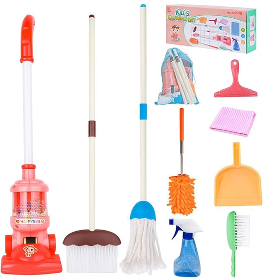 Meland Kids Cleaning Set - 8Pcs Toddler Broom and Toy Vacuum Cleaner, Pretend Play Children House Cleaning Toys, Christmas Birthday Gift for Girls and Boys