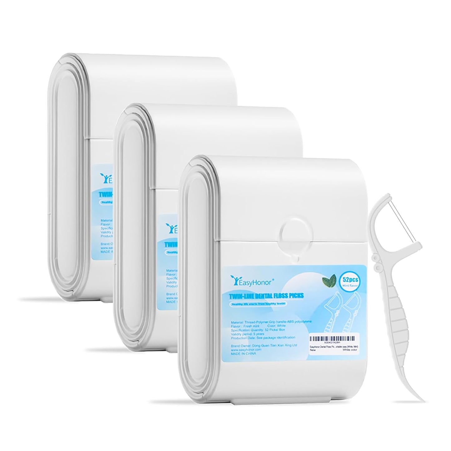 EasyHonor Dental Floss Picks,Twin-Line Mint Flavor Dental Flossers, Dual Action Flossing System, Easy Carry and Pick, 156 Count Floss Sticks in 3 Portable case.(White, Mint)