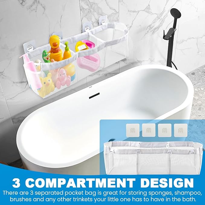 JIANWEI Bath Toy Organizer, 3 Compartment Bathtub Toy Storage Bag, Quick Access Bath Toy Holder with 4 Hooks, Mesh Shower Caddy Practical Supplies for Toy Organizer and Sorting(White)