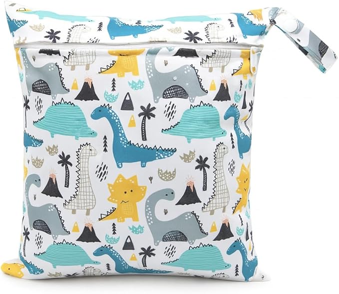 Waterproof Wet Dry Bag, Reusable Diaper Pouch with Zipper, Machine Washable Travel Organizer for Beach, Daycare, Kids, Dinosaur Pattern (White Dino)
