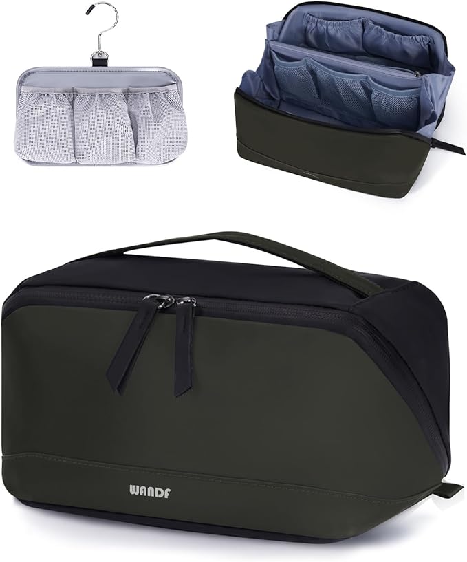 WANDF Toiletry Bag for Men, PU Leather Travel Organizer with Detachable Waterproof Hanging Pouch, Open-Flat Dopp Kit Shaving Bag with Wet Pocket for Travel Toiletries Accessories (Army Green)