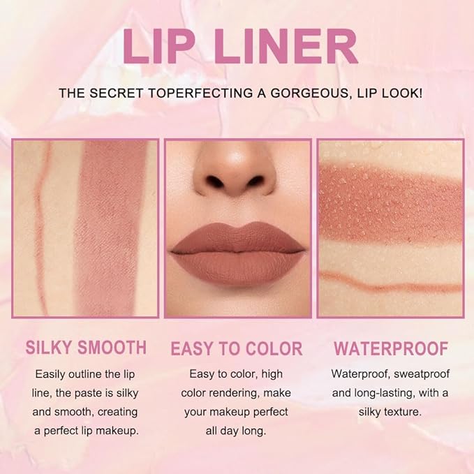 Kaely 2-in-1 Nude Brown Lip Liner & Lipstick Set Kit for Women, Matte Lips Kit with Lip Liner Lip Stains Long Lasting Waterproof 24 Hour Lipstick and Lip Liners Combo Lipliners Pencil Set 12