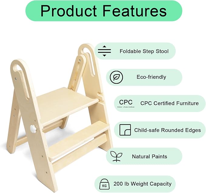 WOOD CITY Step Stool Foldable for Toddlers, Adjustable Kids Step Stool for Bathroom Sink Toilet Potty Training Stool with Handles Child Kitchen Counter Stool Helper Montessori Kitchen Stools