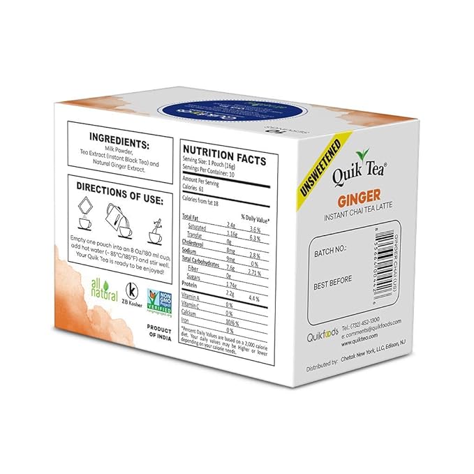QuikTea Ginger Chai Tea Latte - 20 Count (2 Boxes of 10 Each) - Packaging May Vary - All Natural Preservative Free Authentic Chai from Assam & Darjeeling