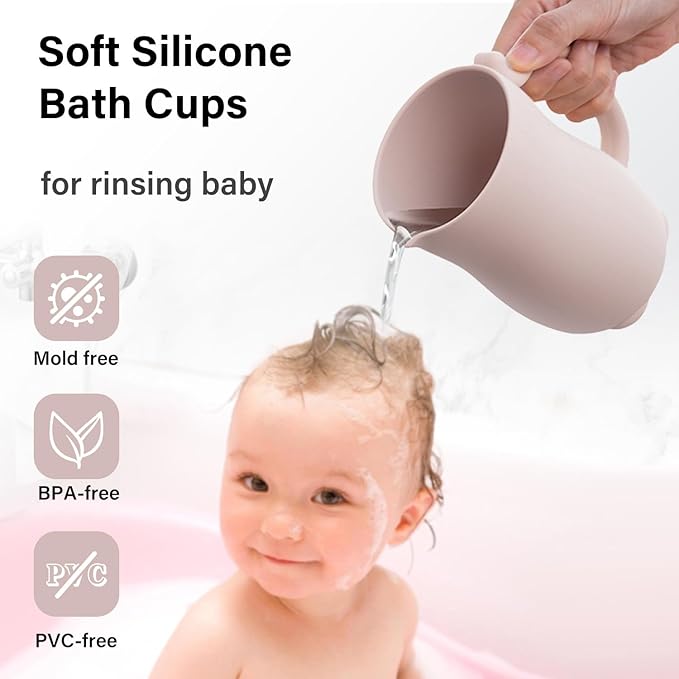 mandoo Baby Bath Rinse Cup - Food Grade Silicone - Shampoo & Body Washing Rinser Cup for Kids with Easy Grip Handle to Rinse Baby Shampoo and Soap - Baby Essentials (Beige+Brush)