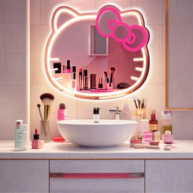 GALLIA Anime Hello Kit Mirror Vanity, Neon Mirror with Dimmable LED Lights, Perfect for Teen Girl Gift, Room Decor, 14.6" x 12.2"