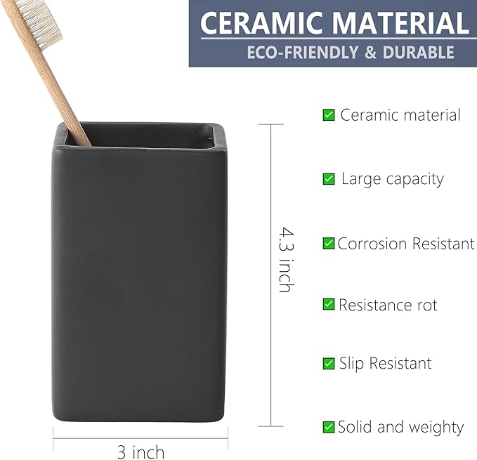 Ceramic Black Square Toothbrush Holder for Bathrooms - 1 Cup Square Toothbrush Toothpaste Holders, Bathroom Tumbler Cup Reusable Toothbrush Mouthwash Cup, Bathroom Counter Organizer.