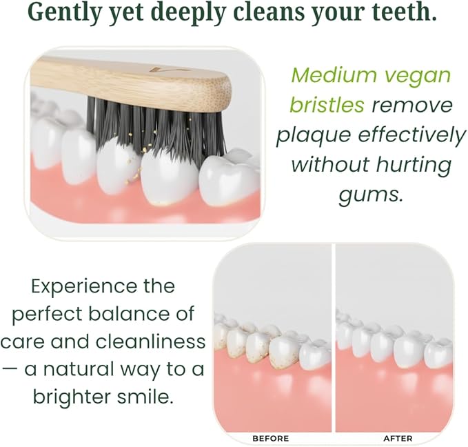 VIREO Bamboo Toothbrushes Medium Bristles 6-Pack - BPA-Free Eco-Friendly Toothbrushes for Adults - Biodegradable, Natural Wooden Toothbrush