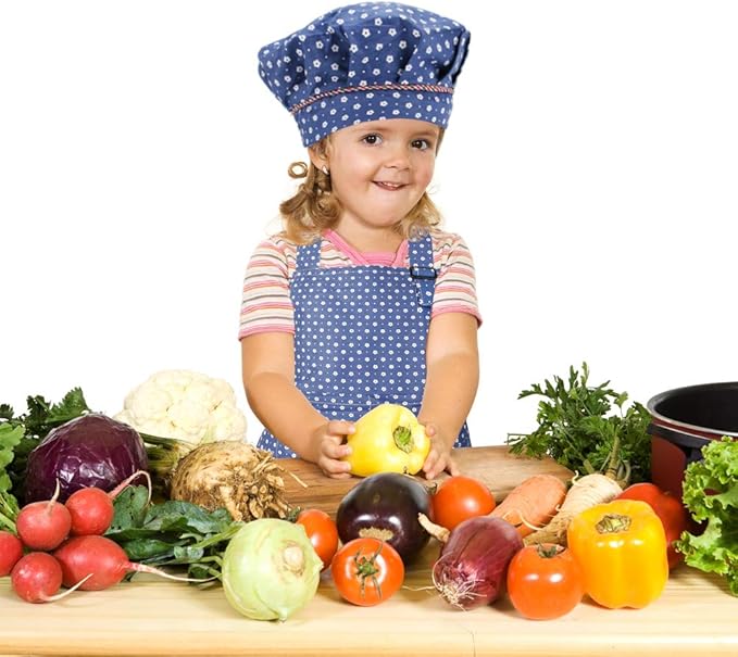 Kids Apron and Chef Hat Set, Adjustable Cotton Child Aprons with 2 Pockets Cute Girls Boys Kitchen Bib Aprons for Cooking Baking Painting