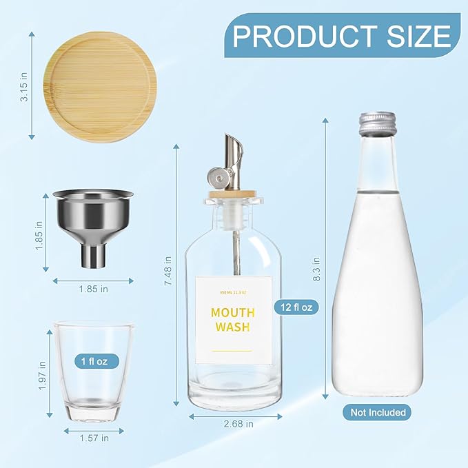 RELBRO Glass Mouthwash Dispenser for Bathroom, 11.8 OZ Refillable Mouthwash Container with Cup, Auto Pour Spout, Bamboo Tray, Funnel, Stickers, Clear, 1 Pcs