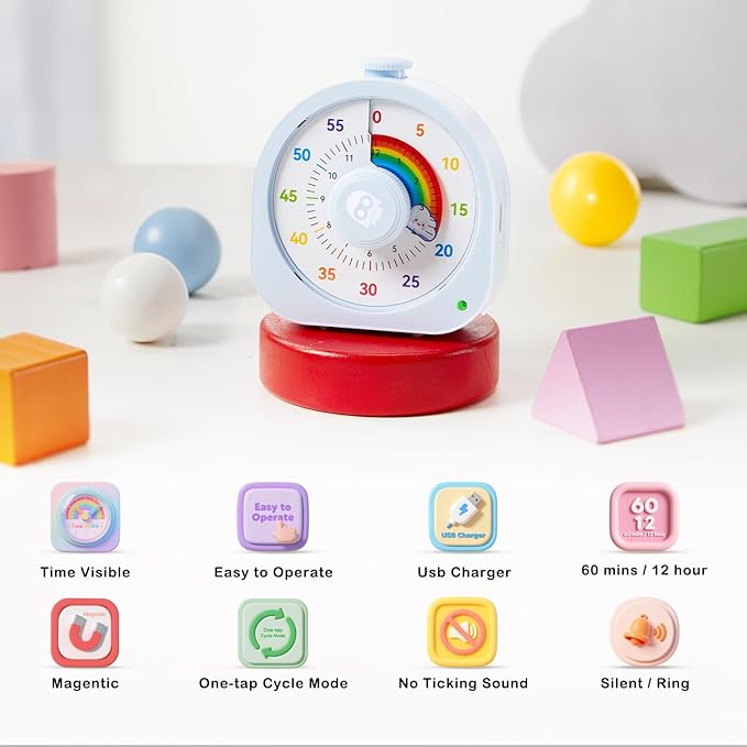 Visual Timer for Kids, Rechargeable Timer for Classroom Office Kitchen with 'Rainbow' Pattern Design, 60min/12h Silent Countdown Timers, Pomodoro Timers Management Tool for Toddler ADHD