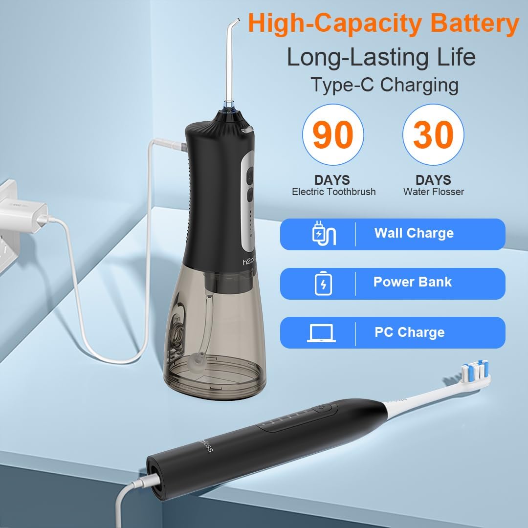 H2ofloss Sonic Electric Toothbrush and Water Flosser Combo, Rechargeable 2000mAh Toothbrush and 2500mAh Oral Irrigator with 300ml Tank, 4 Brush Heads, 5 Nozzles, 2 in 1 for Home and Travel (Black)