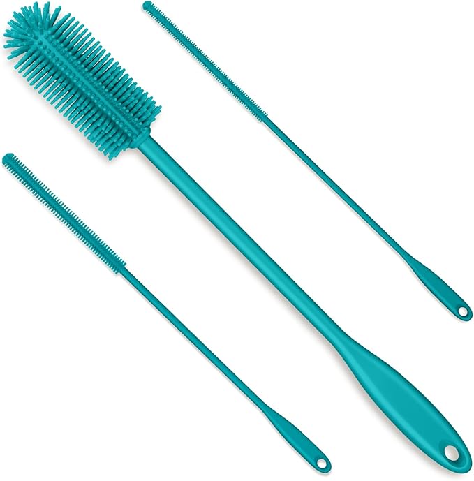 3-in-1 Silicone Bottle Brush and Straw Cleaning Brush Set, Water Bottle Cleaner for Narrow Neck Containers, Tumblers, Flask, Vase and Glassware (Turquoise)